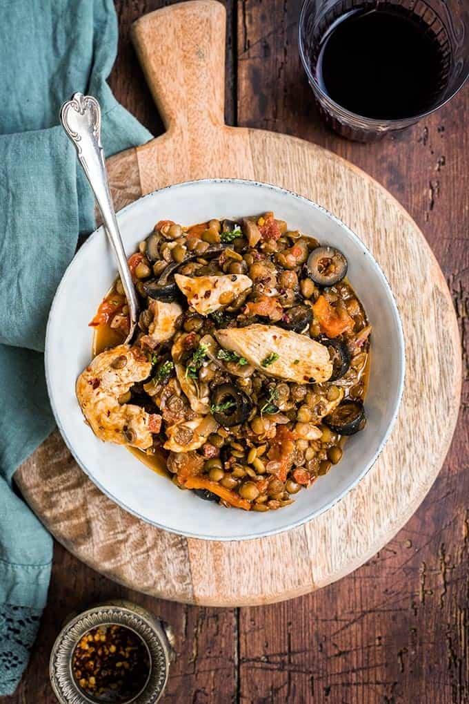 Chicken chorizo and lentil stew served in a bowl