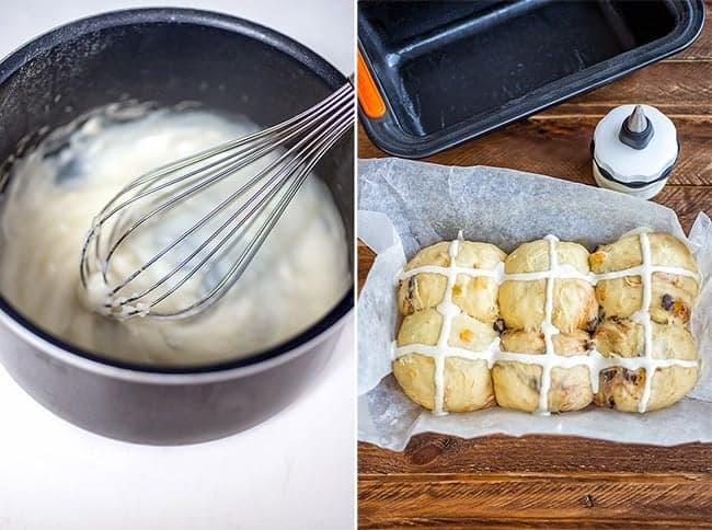 collage showing tangzhong paste and hot cross buns