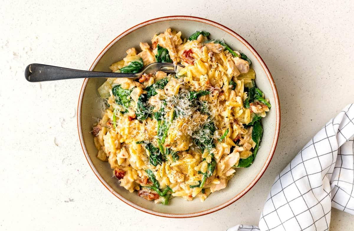 Creamy Leftover Turkey Orzo (Tuscan Style!)