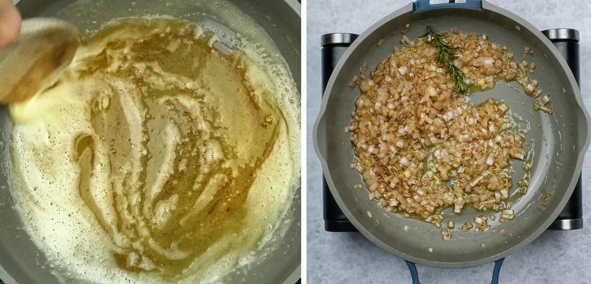 Browned butter in a pan with shallots collage