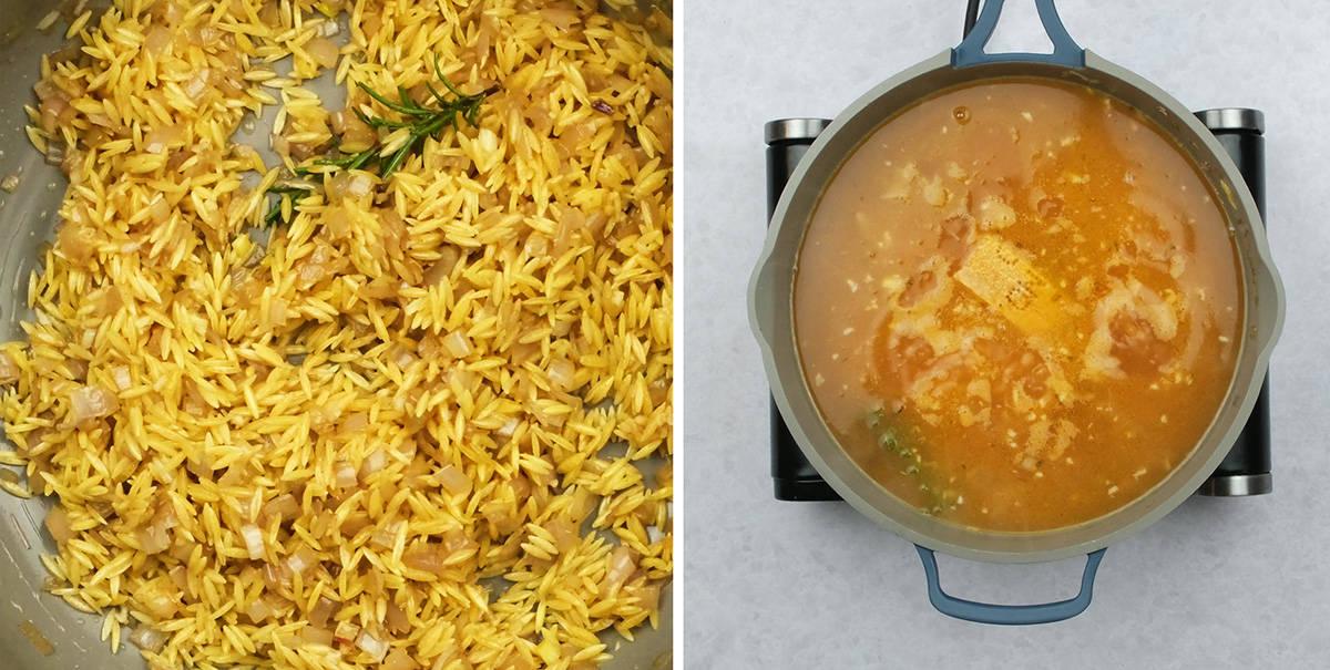 making creamy orzo in browned butter process photos collage