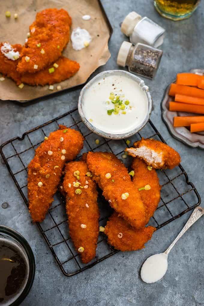 Oven-baked Buffalo Chicken Tenders with Feta Dip