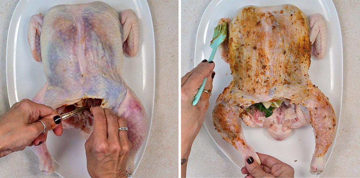 Side-by-side images of a raw whole chicken: on the left, a person spreads seasoning under the skin; on the right, they brush seasoning over the skin and the cavity is filled with herbs.