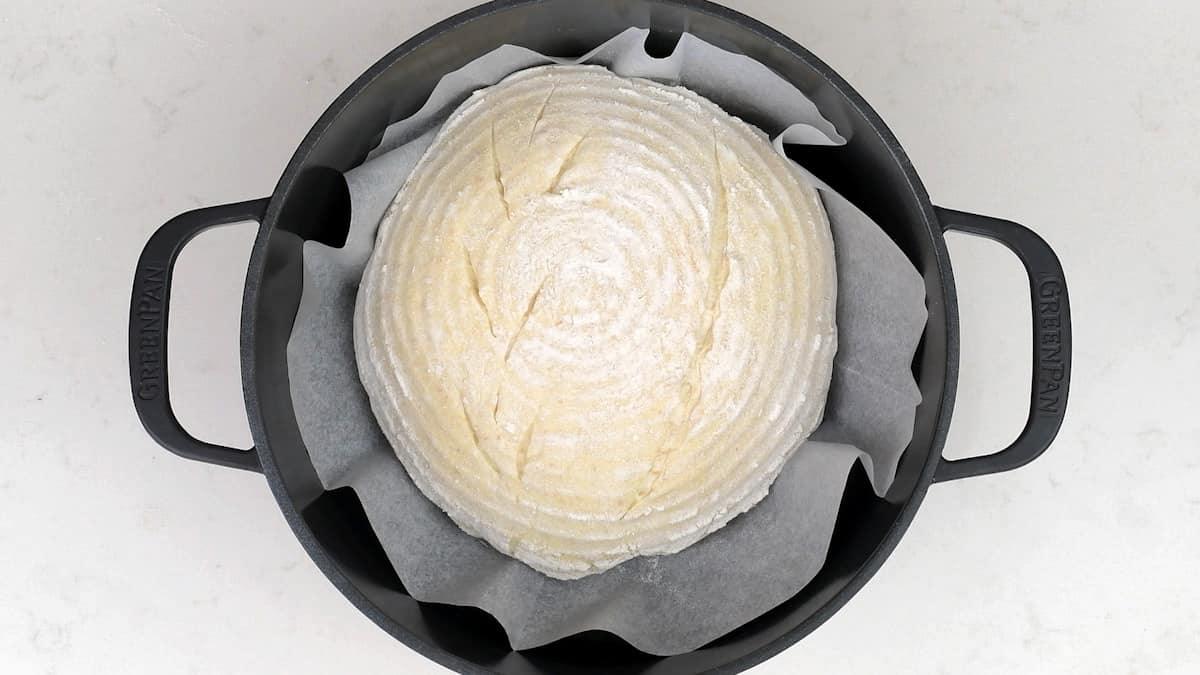 Sourdough loaf in a Dutch Oven ready for the oven