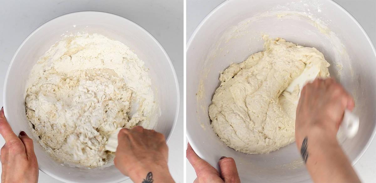 On the left, a bowl with flour and other dry ingredients for overnight sourdough bread is being mixed with a spatula. On the right, the mixture forms a sticky dough as it continues to be stirred. Hands with tattoos skillfully hold the spatula for this unique overnight sourdough bread recipe.