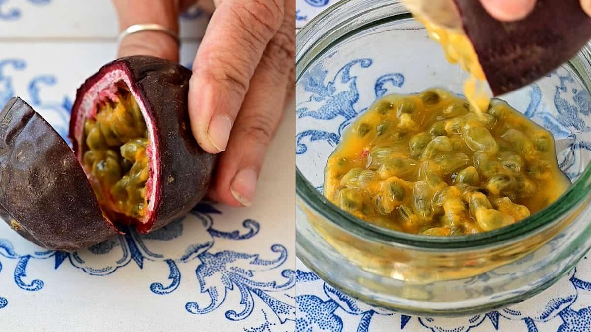 Collage showing cutting passion fruit and rem scooping out the pulp
