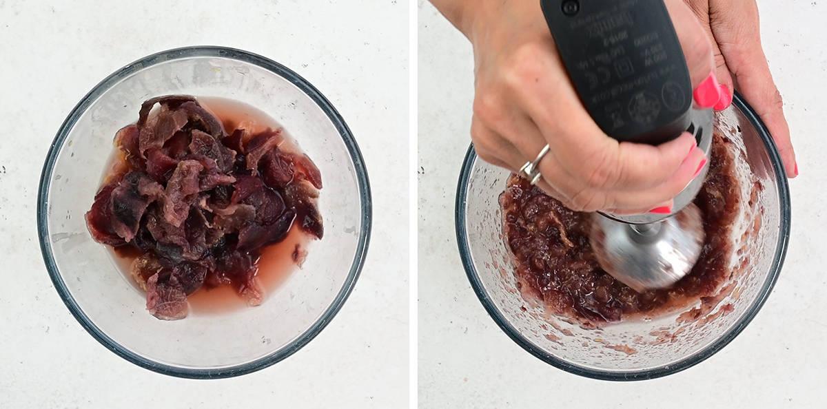 Two-panel image: left shows a bowl of pitted, cooked cherries with juice; right shows a hand using an immersion blender to puree the cherries—perfect for creating cherry or Passion Fruit Jam.