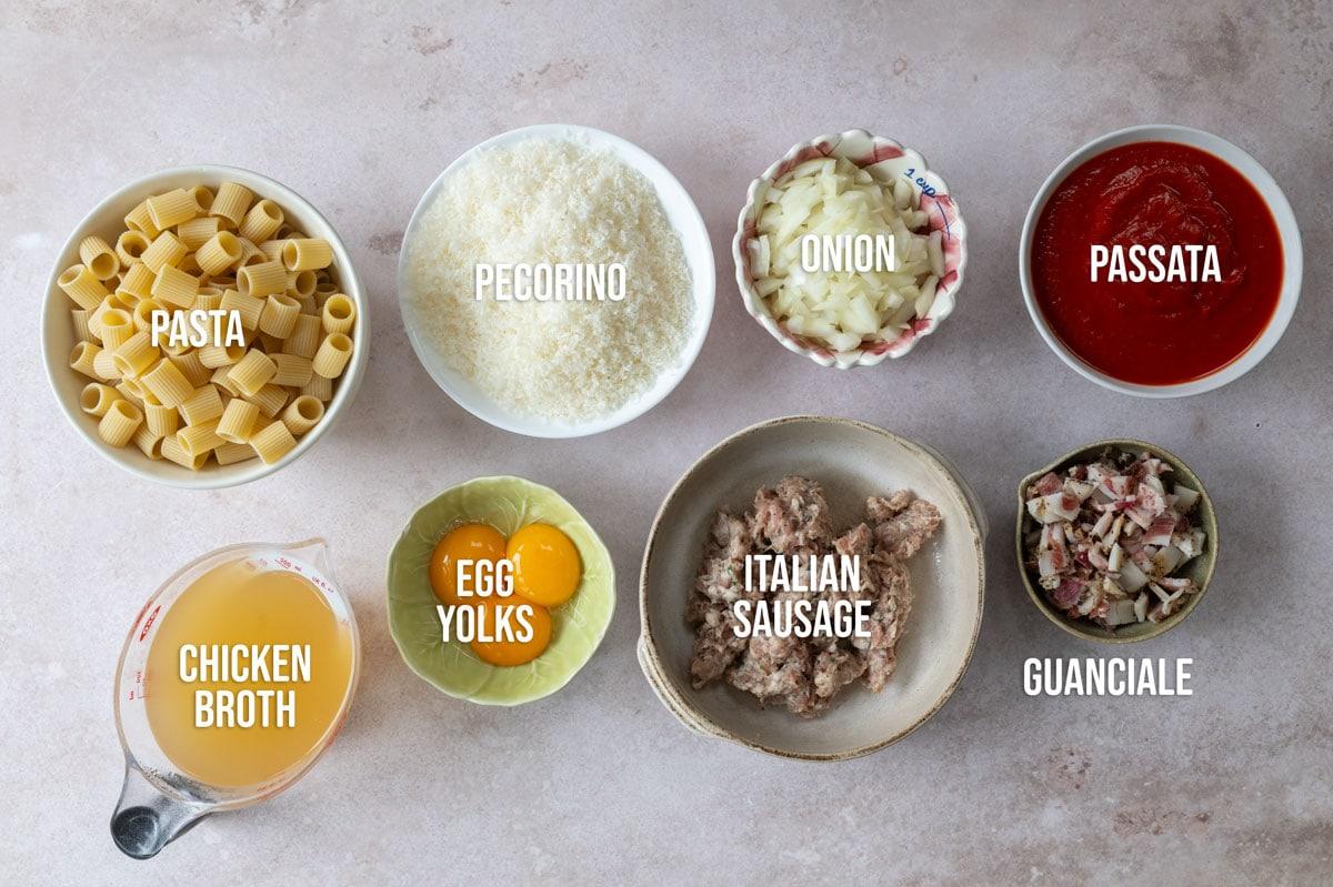 Ingredients for pasta dish arranged on a light surface include bowls of pasta, pecorino cheese, chopped onion, passata sauce, chicken broth, egg yolks, Italian sausage, and guanciale.