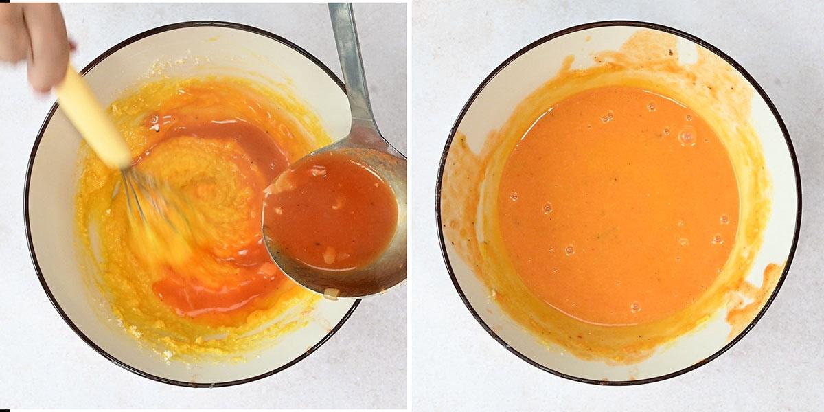 tempering egg yolks mixed with grated pecorino by adding some of the pasta sauce