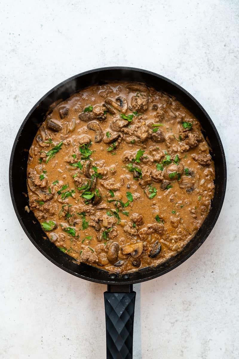 Ground Beef Stroganoff in a pan