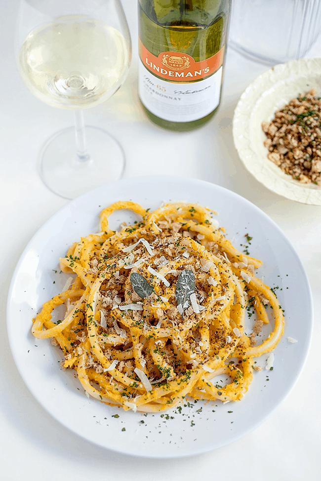Pasta with squash carrot ‘pesto’ and garlic breadcrumbs