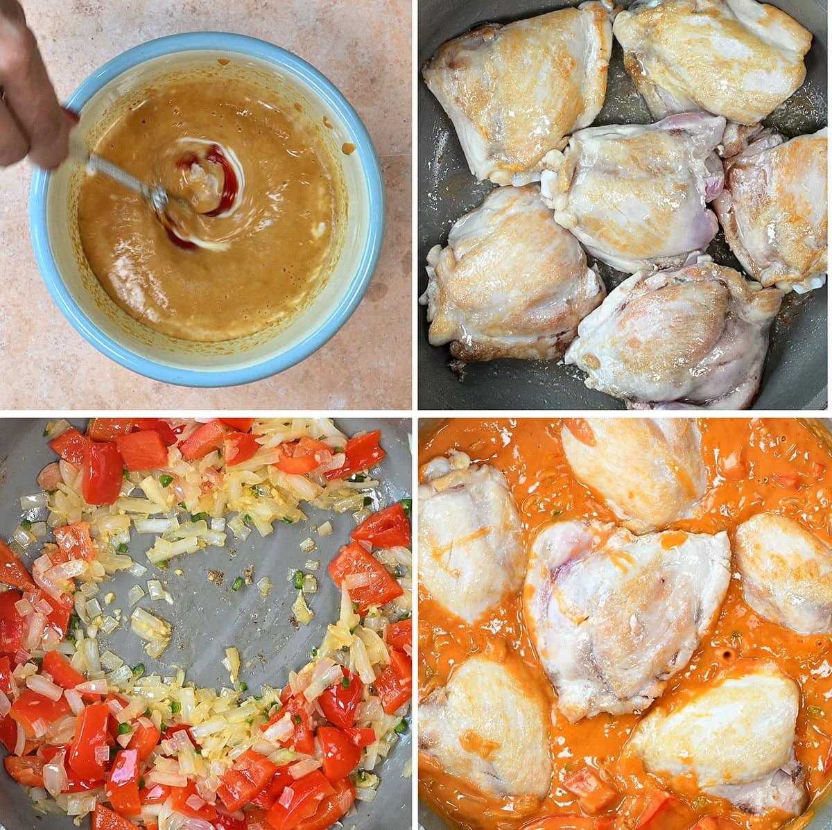 Four-panel image: Top left, a hand stirs sauce in a bowl. Top right, chicken thighs cook in a pan. Bottom left, onions and tomatoes sauté. Bottom right, chicken thighs simmer in a red tomato sauce.