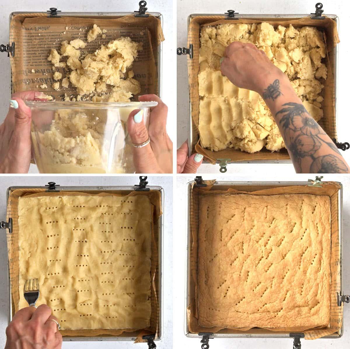 Four-panel image showing hands pressing dough into a square baking pan, smoothing it out, poking holes with a fork, and then the finished baked golden crust. One hand has a floral tattoo.