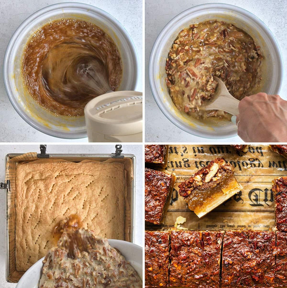 Four-panel image: Top left, batter being mixed with a hand mixer; top right, pecan filling being stirred; bottom left, pecan filling poured onto baked crust in a pan; bottom right, baked pecan bars cut into squares.