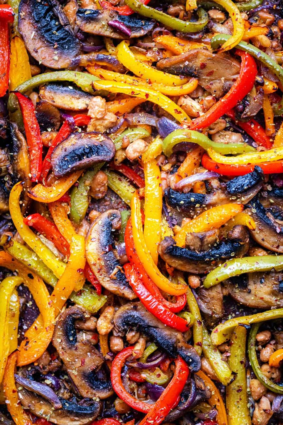 close up on a sheet pan of vegan fajitas
