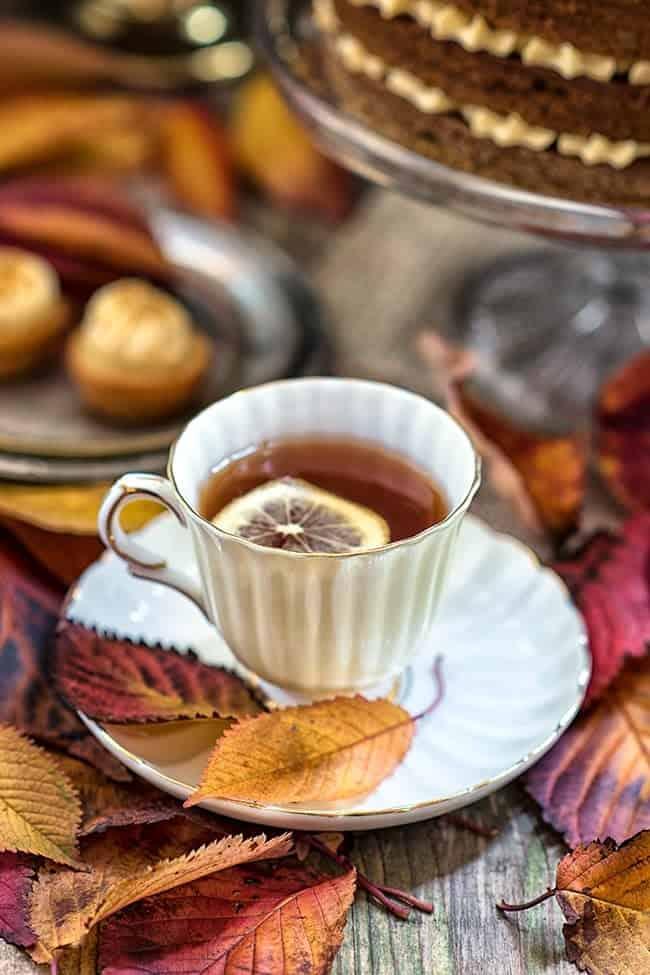 Cup of tea with a slice of lemon in it
