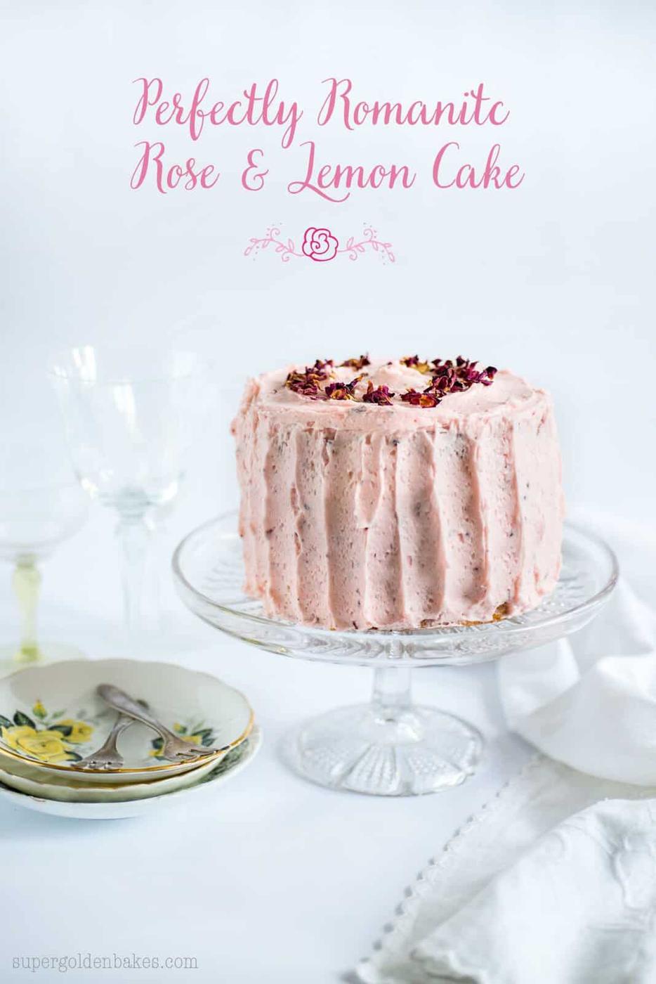 Rose and Lemon Layer cake on a glass cake stand