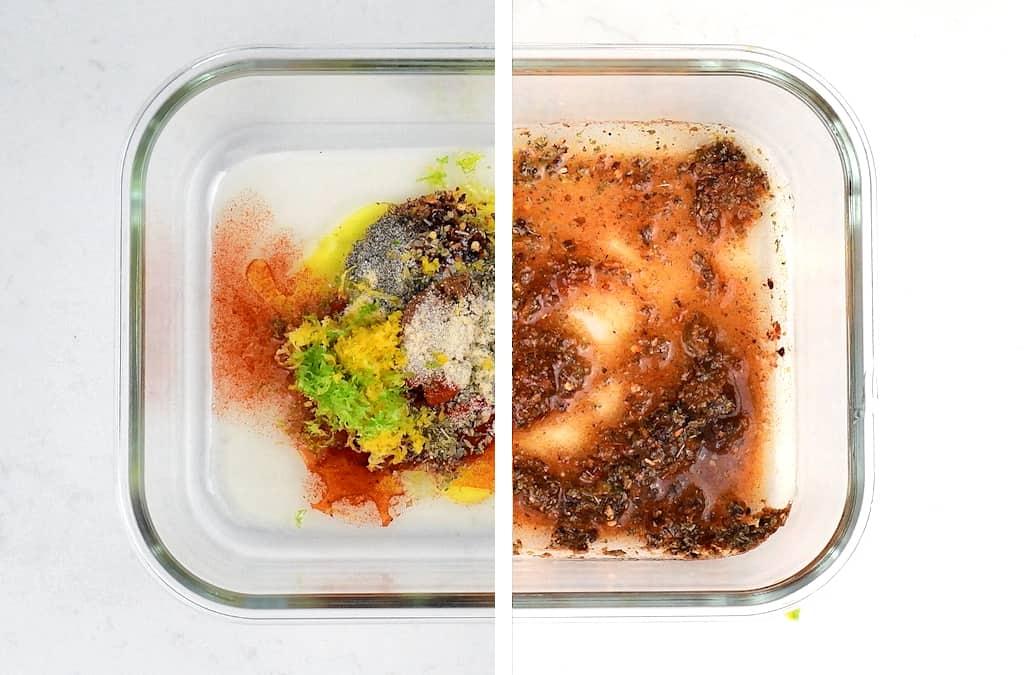 peri peri chicken marinade in a glass dish collage