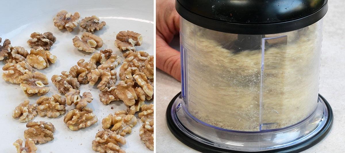 Left side shows whole walnuts on a white plate. Right side shows ground walnuts inside a transparent food processor bowl with a black lid.