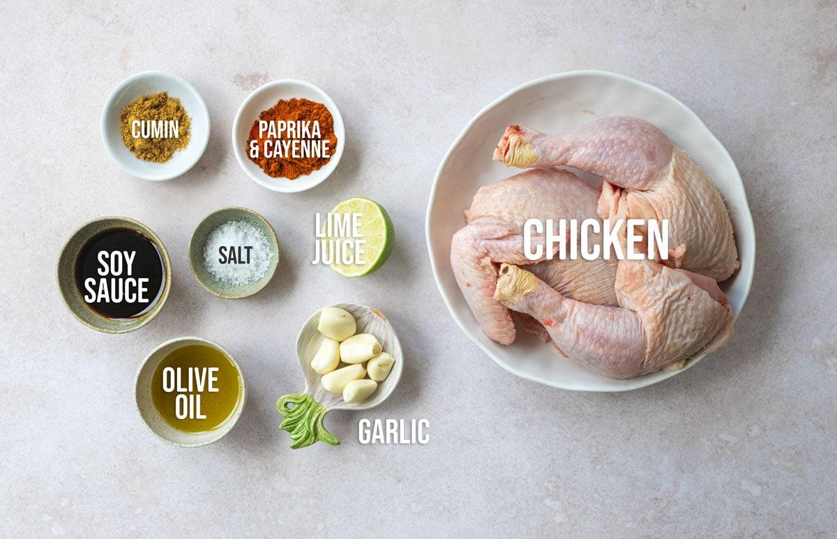 Peruvian roast chicken ingredients, labelled