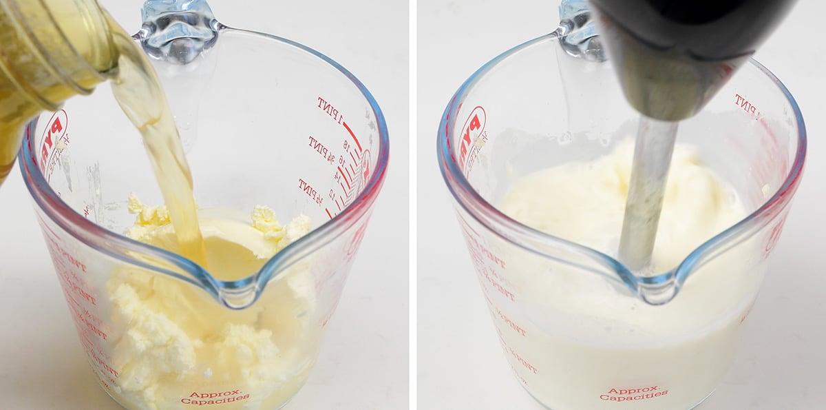 blending cream cheese with broth collage