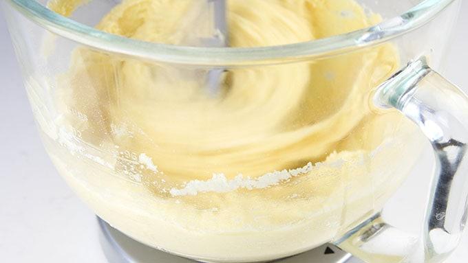 Mixing batter in stand mixer for white cake
