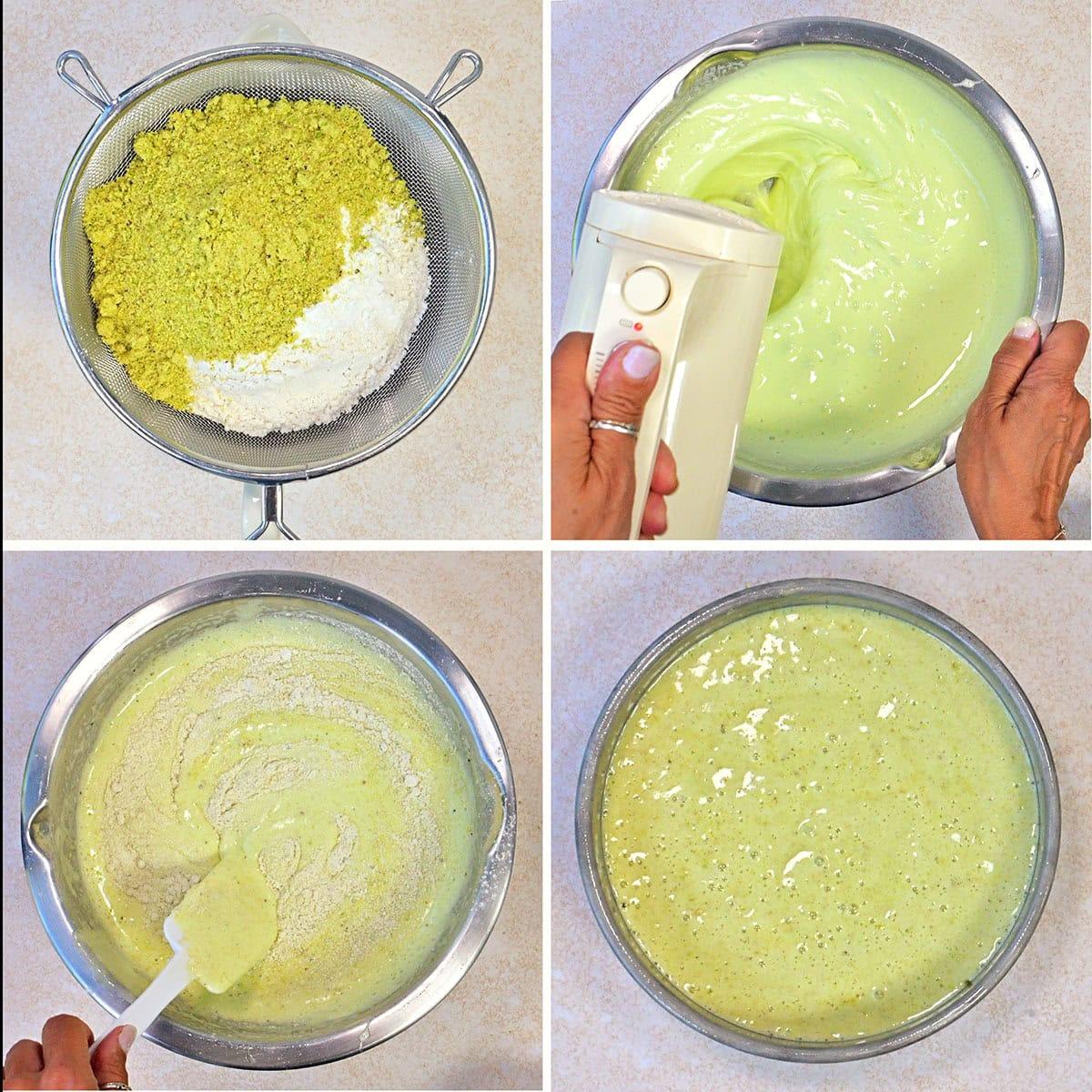 Four-panel image showing the process of mixing batter for pistachio cake. Top left: flour and ground pistachios in a sieve. Top right: mixing green batter with a hand blender. Bottom left: folding dry ingredients in. Bottom right: smooth, blended green batter.