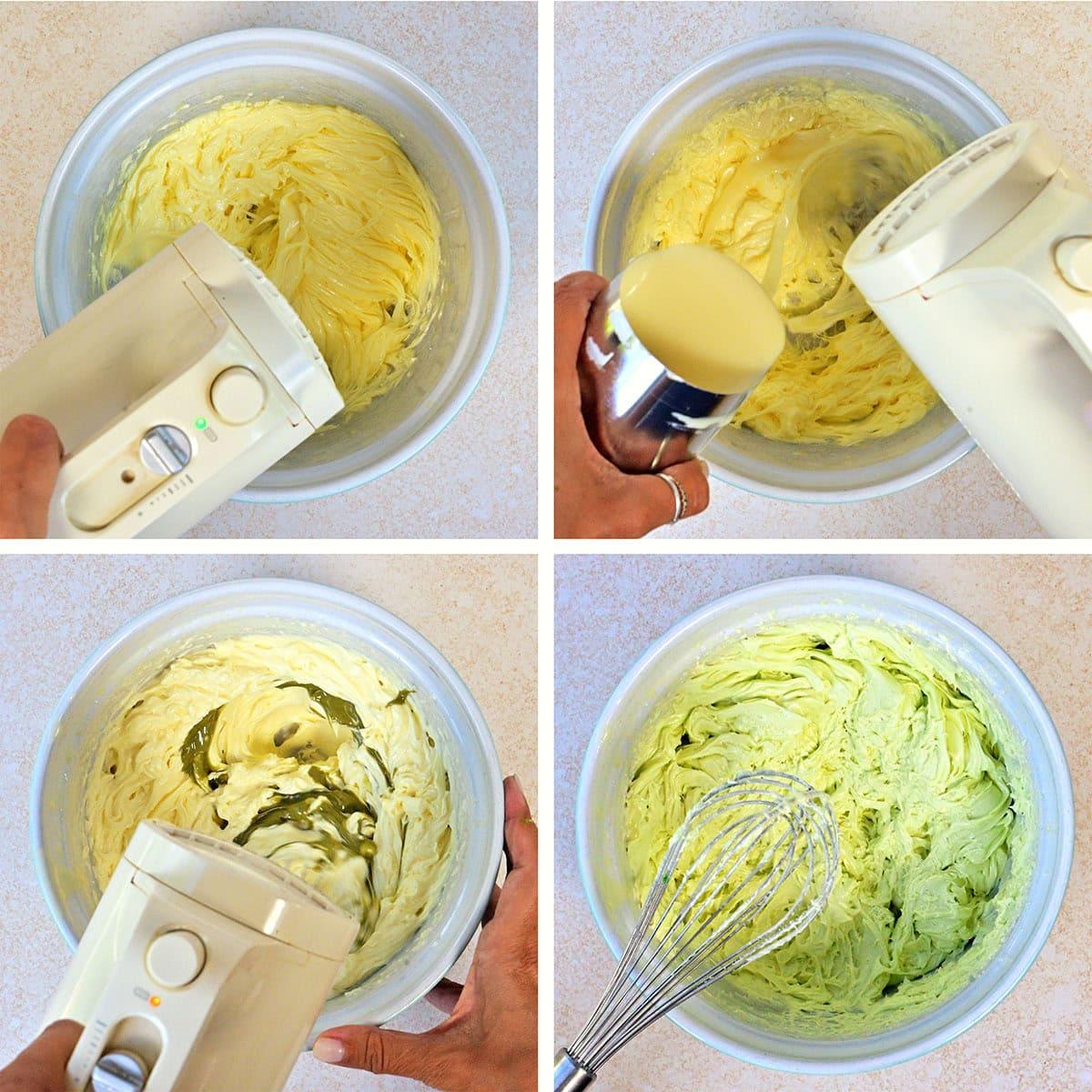 A four-step collage shows a mixing bowl: first with whipped butter, then sweetened condensed milk being poured in and mixed, pistachio cream added and blended, and finally, a whisk in the finished green pistachio buttercream.