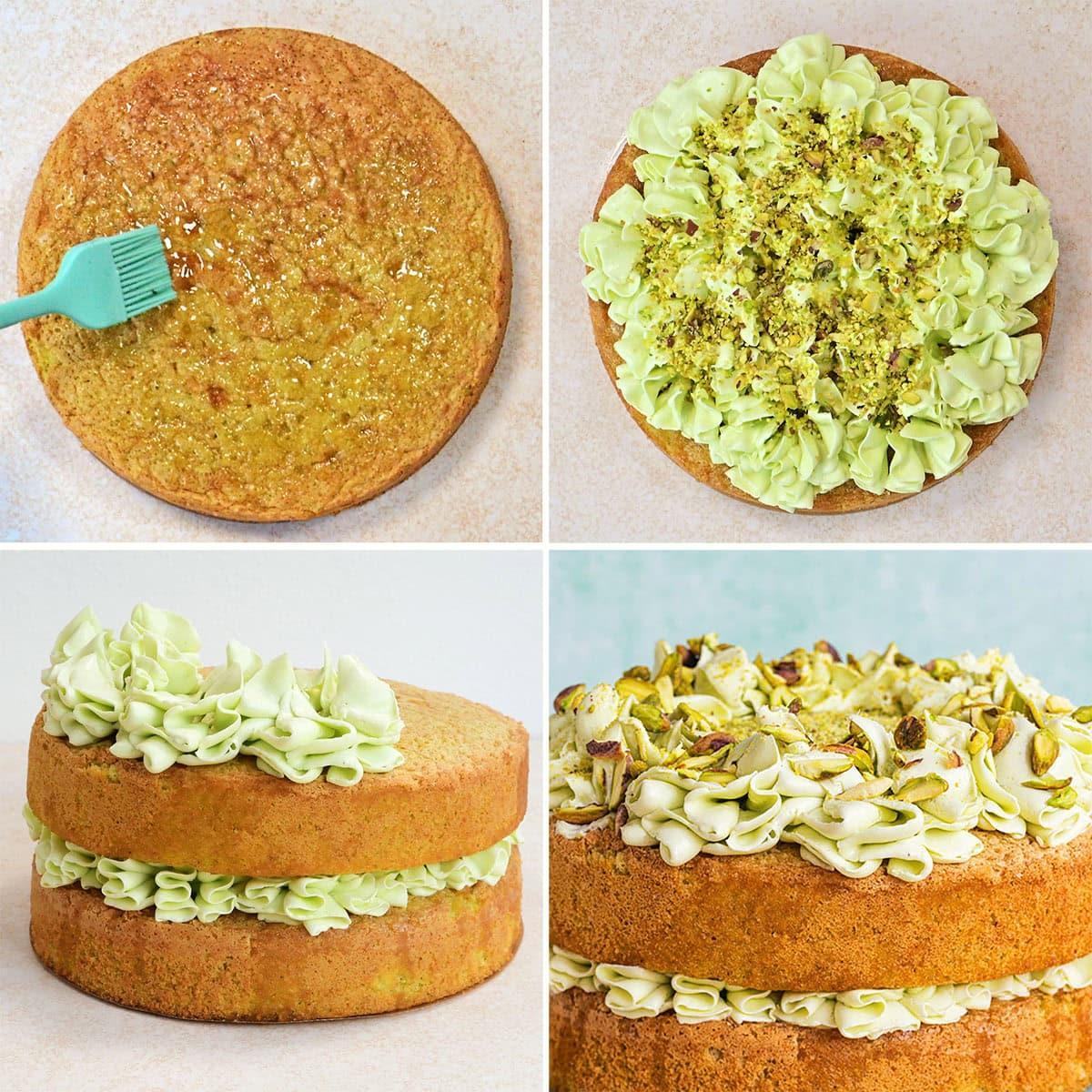 Four-step collage showing the assembly of a pistachio cake: moistening one layer, piping green pistachio cream and sprinkling nuts, stacking with another cake layer and more cream, finished with piped cream and chopped pistachios on top.