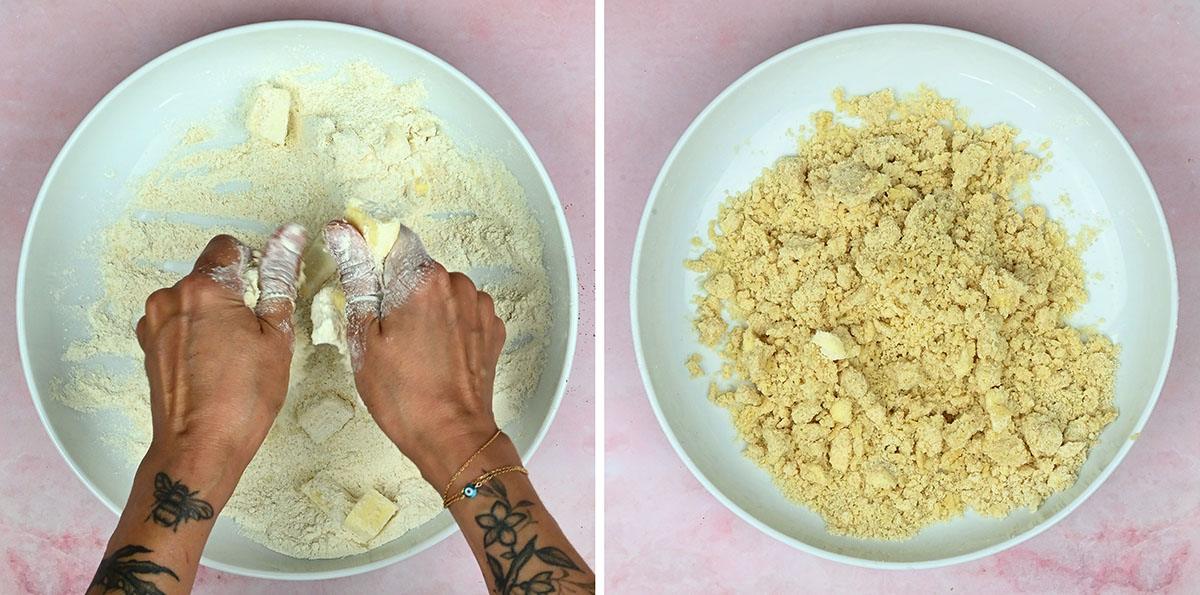 making crumble topping collage