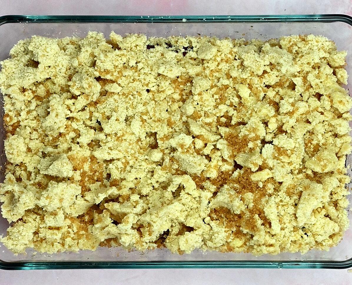 Fruit crumble in glass baking dish