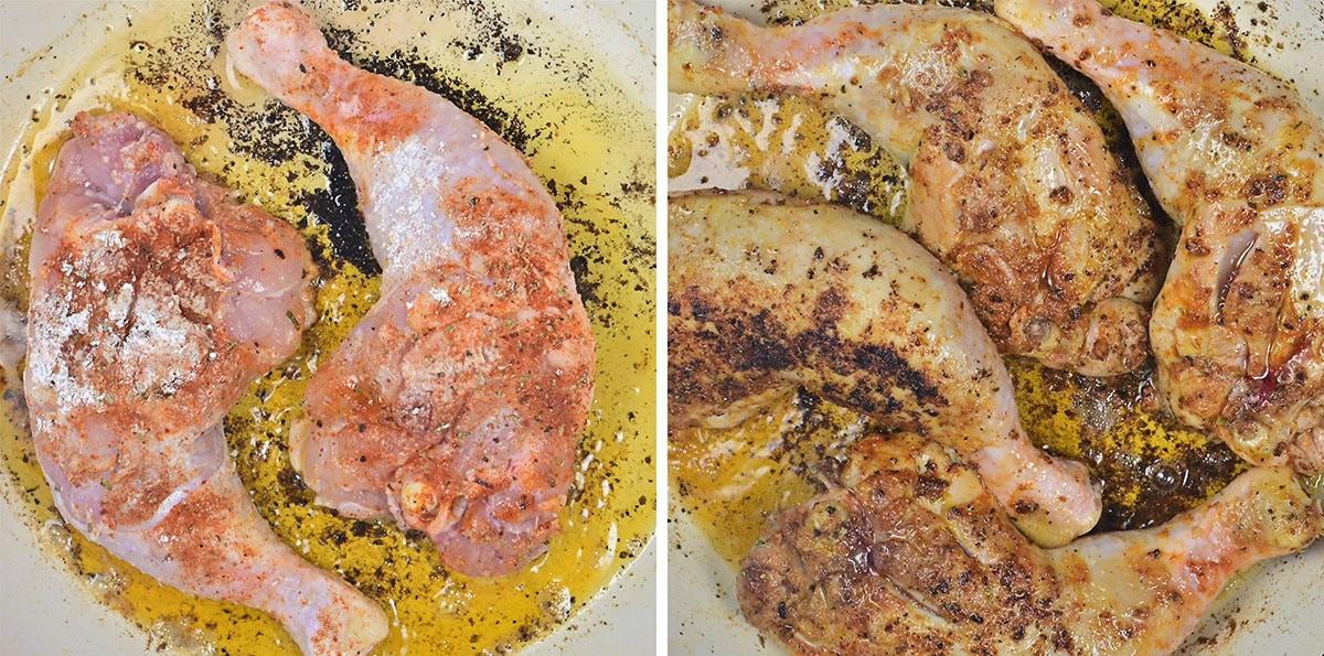 Side-by-side images show chicken legs in a pan: on the left, raw and seasoned; on the right, cooked to a golden brown with visible crispy skin and browned seasoning in oil.