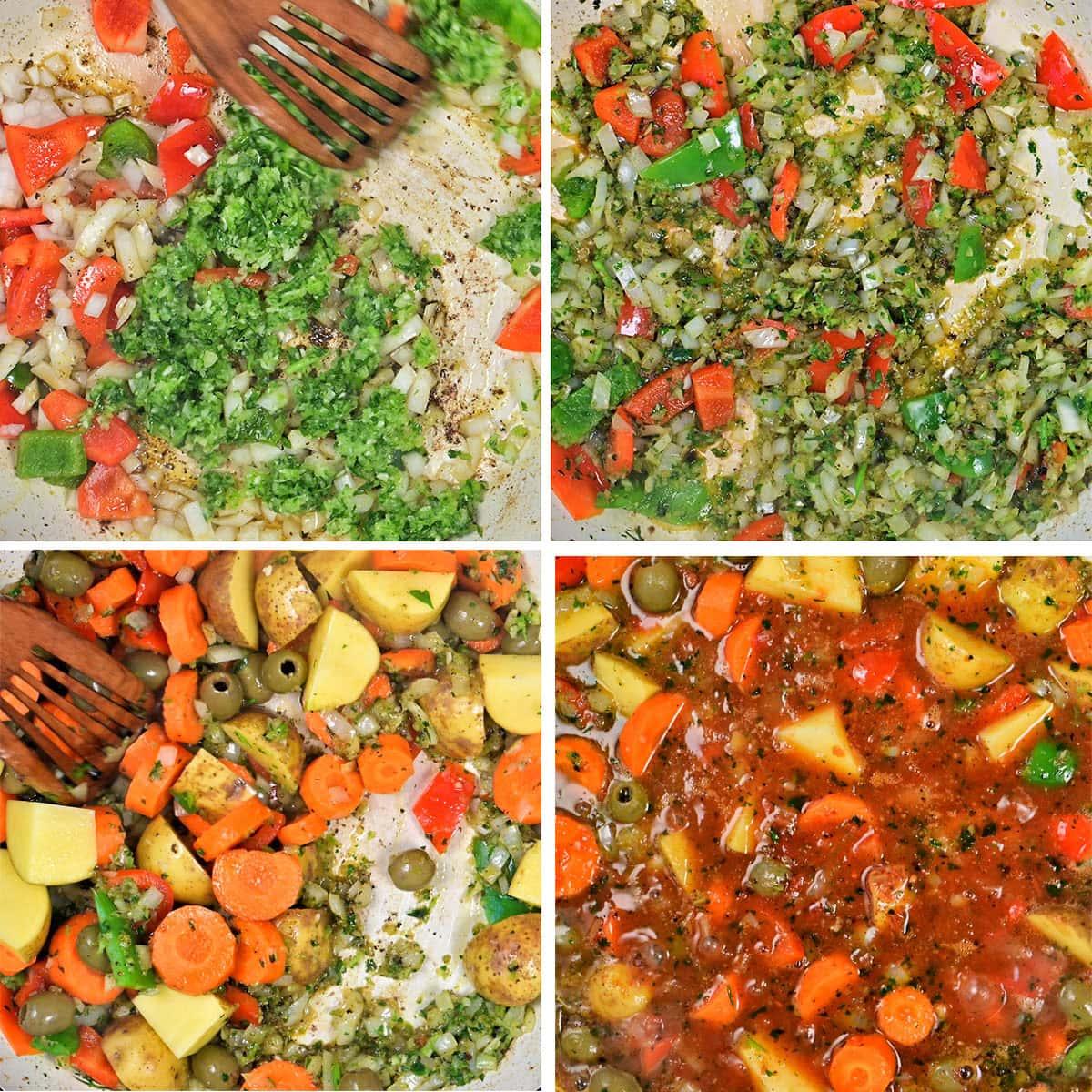 A collage of four images shows the process of cooking a vegetable stew: sautéing chopped vegetables, adding a green herb paste, mixing in potatoes and carrots, and simmering everything in a tomato-based sauce.