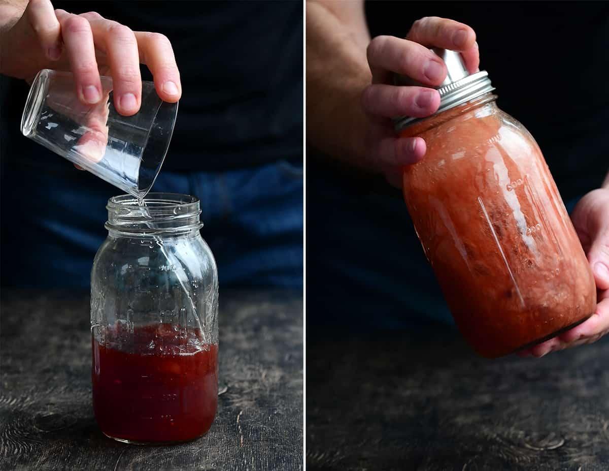 adding ingredients for pomegranate martini to cocktail shaker and shaking collage
