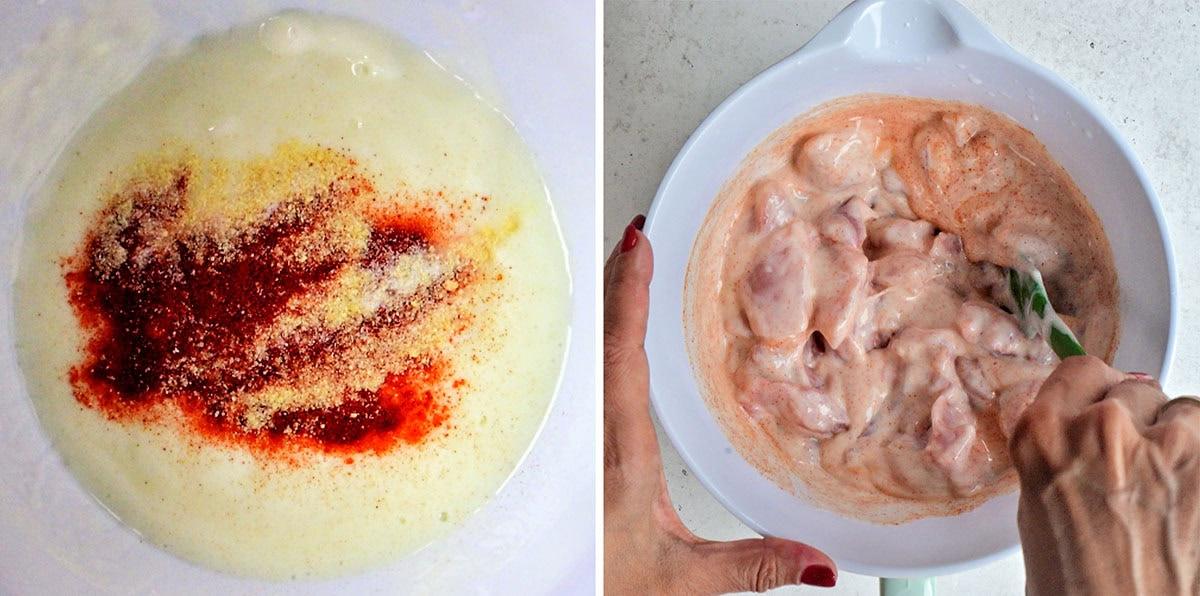 Side-by-side images: left, a bowl of creamy marinade with red and yellow spices sprinkled on top; right, hands mixing chicken pieces into the marinade with a spatula in a white bowl.