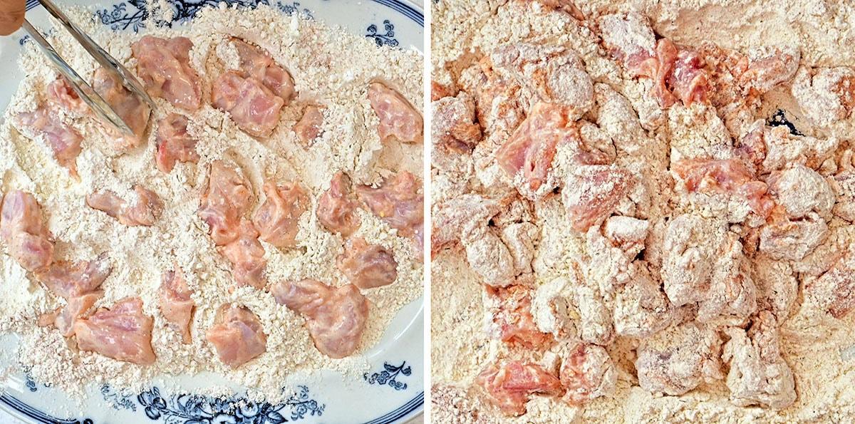 Close-up of raw chicken pieces being coated in flour and seasoning, shown on a patterned plate. The left side shows chicken being coated with tongs, and the right side shows the chicken fully coated in the flour mixture.