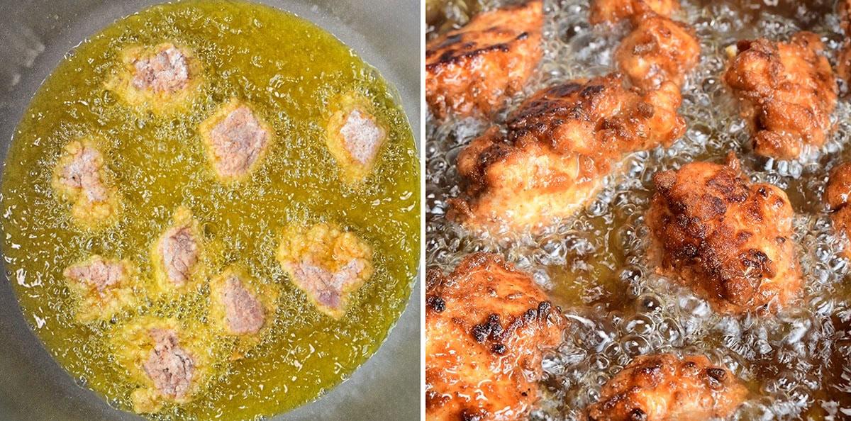 Side-by-side images of battered food frying in hot oil. The left shows raw, light-colored batter pieces starting to cook; the right shows golden-brown, crisp pieces sizzling in the oil.