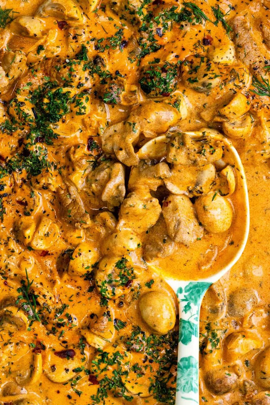 Close up on creamy pork stroganoff