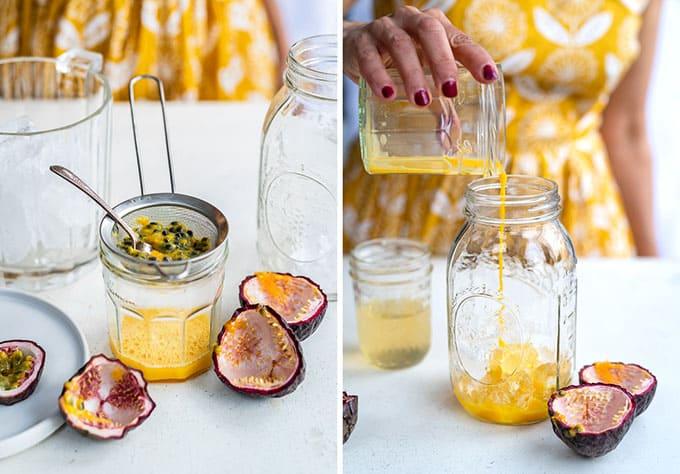 Left: A jar with passion fruit pulp is being strained by a sieve, surrounded by halved passion fruits ready for a martini. Right: A person in a yellow dress pours freshly mixed juice into a large jar, next to an empty small jar and pitcher essential for crafting the perfect passion fruit martini cocktail.