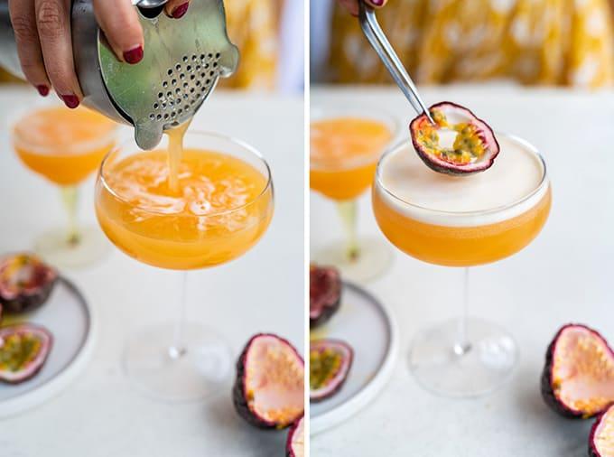 Two images of a classic p*** star martini cocktail being prepared. Left: A hand pours vibrant orange liquid into a coupe glass. Right: Tongs gently place half a passion fruit on the frothy drink. Halved passion fruits are scattered on the table, ready to garnish