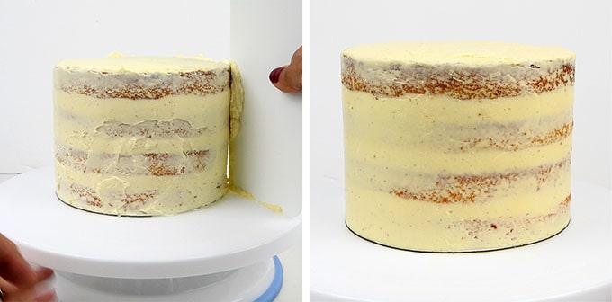Frosting a layer cake for semi naked effect collage