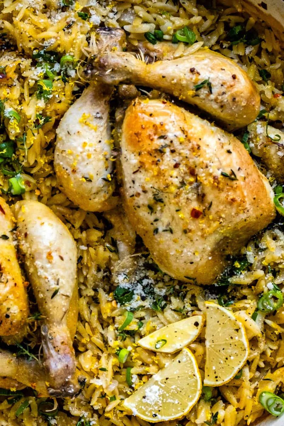 Close up on roast poussin with orzo