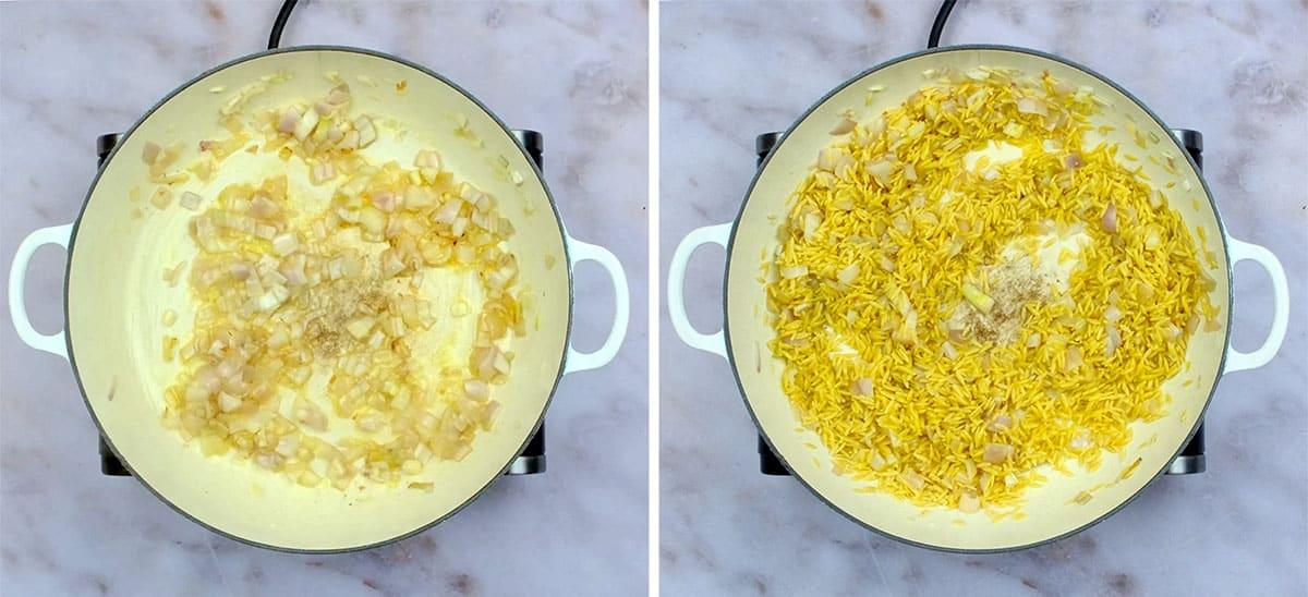 pan frying shallots and orzo in a casserole