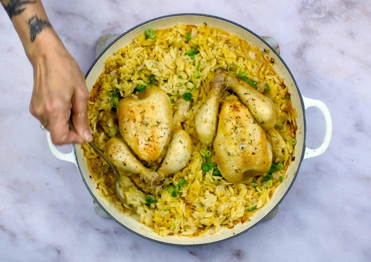 Roast poussin with lemon orzo