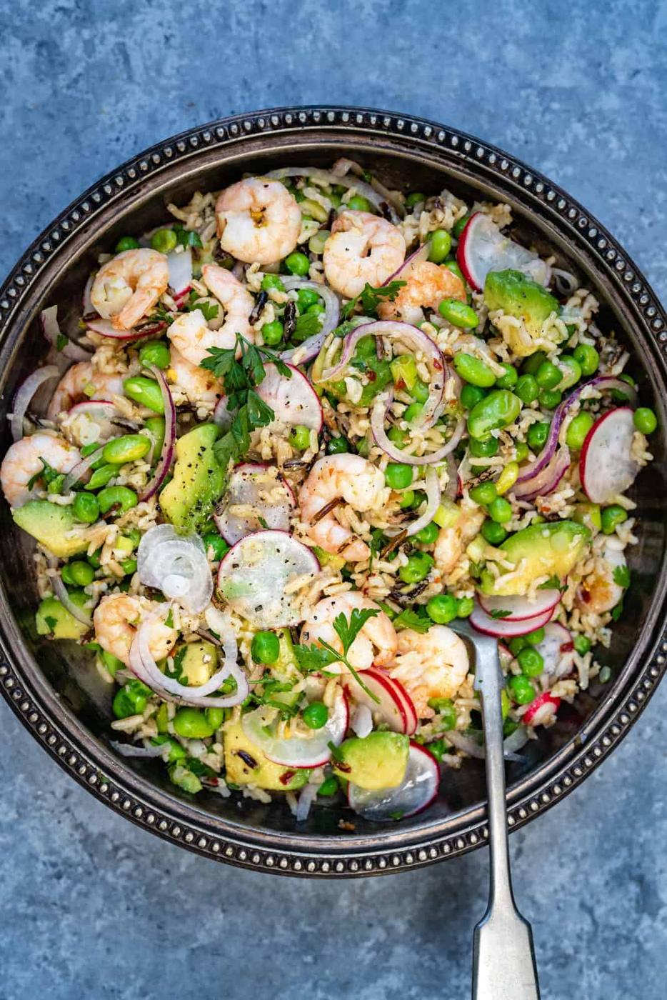 Prawn Salad With Rice, Peas and Avocado