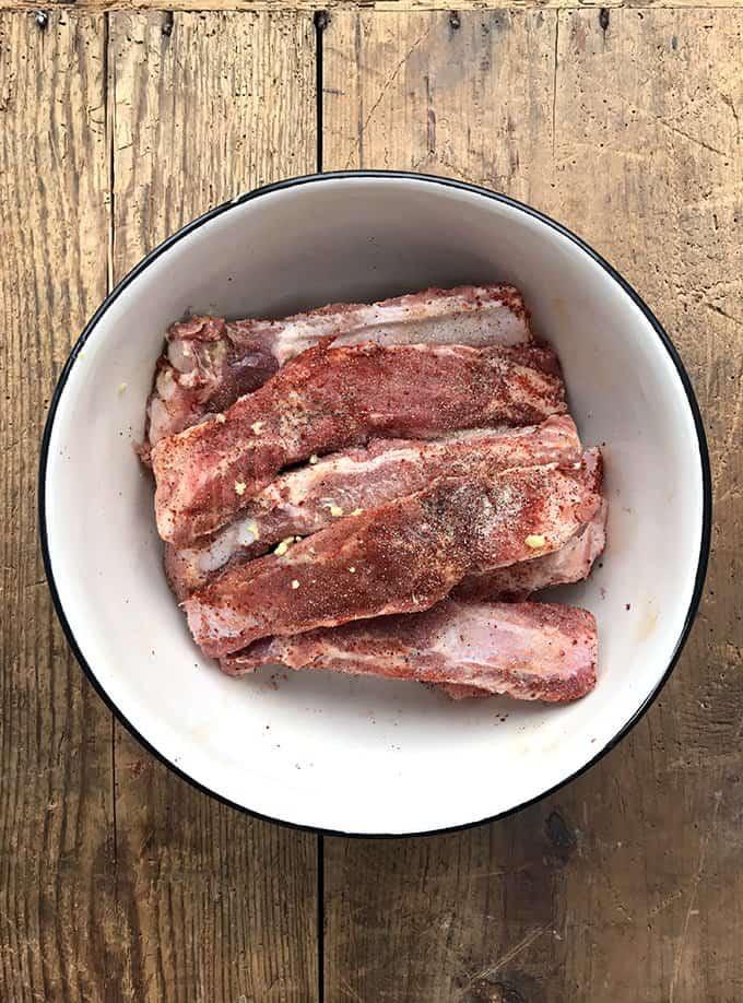 Seasoned pork spare ribs in a bowl