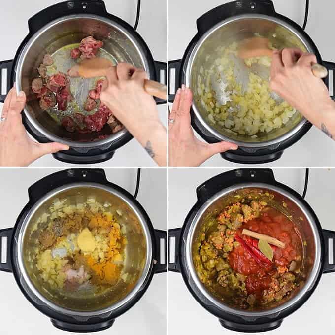 Four-panel image showing the process of cooking a Lamb Dhansak recipe in an Instant Pot: sautéing meat, then onions, adding spices and butter, and finally adding tomatoes and whole chili peppers. Hands are stirring with a wooden spoon.