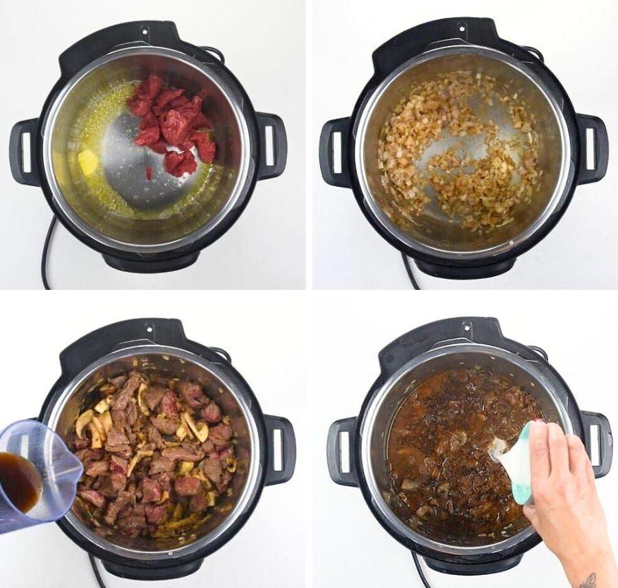 Four images show steps in cooking Pressure Cooker Steak Diane stew in an Instant Pot: browning beef, sautéing onions, adding broth to the beef and vegetables, and stirring in a thickening agent.