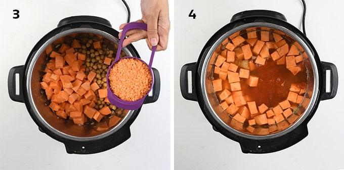 Sweet potato red lentil soup preparation in a pressure cooker