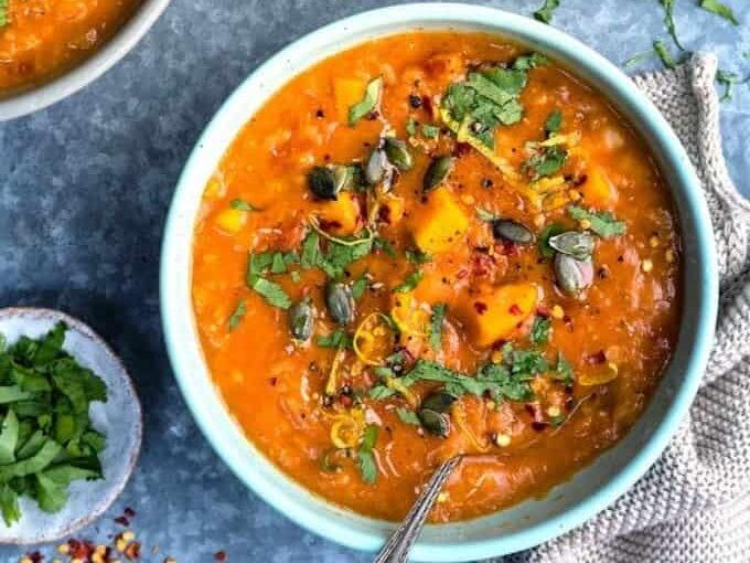 Sweet Potato Soup with Red Lentils and Chickpeas
